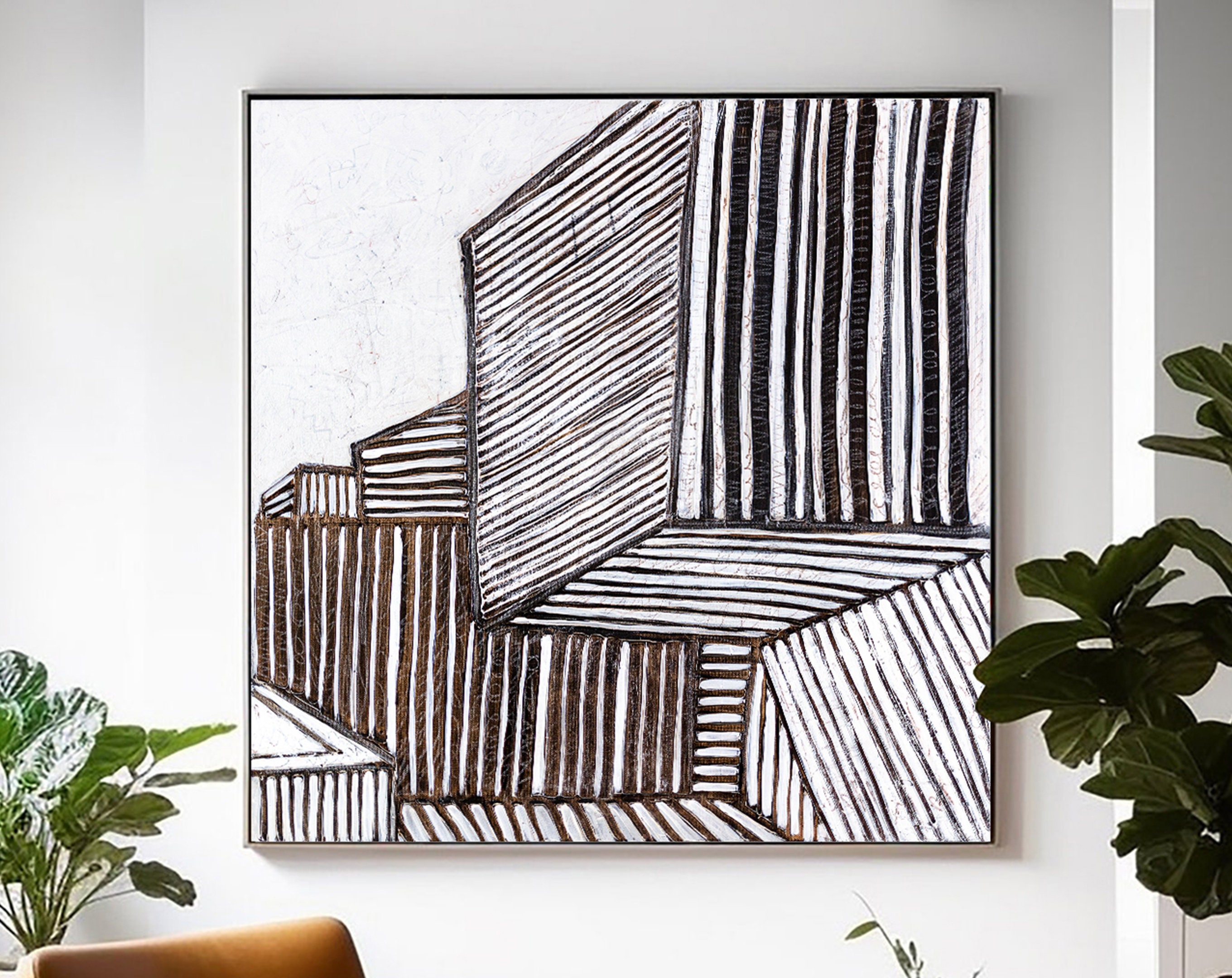 Highlighted with Bold Lines Large Original Abstract Minimalism Painting, Black and White Modern Canvas Wall Art ｜ Es III