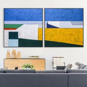 2 Set of Seascape Geometric Abstract Modern Painting, Contemporary Minimalist Canvas Wall Art | My balcony (2 Set)