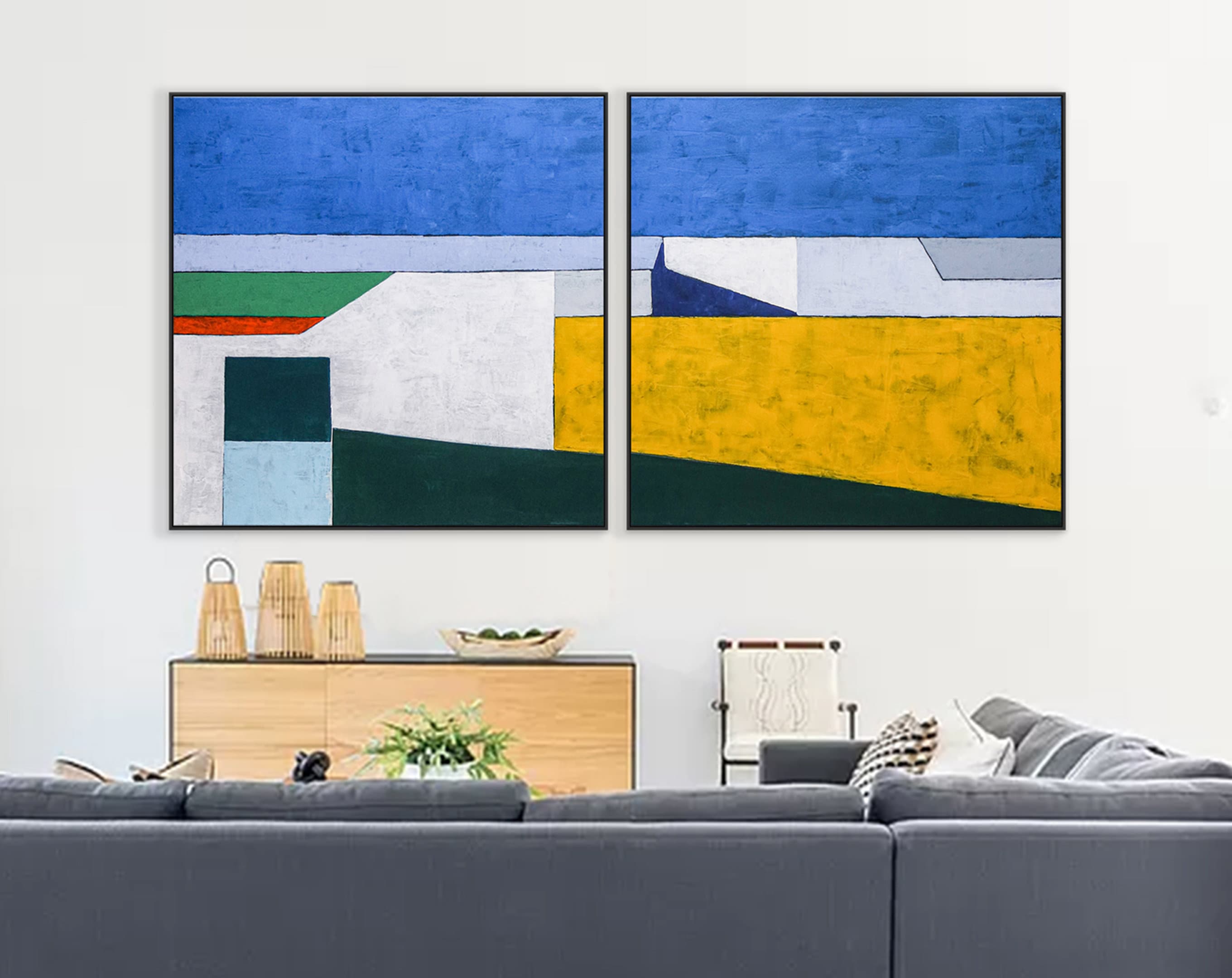 2 Set of Seascape Geometric Abstract Modern Painting, Contemporary Minimalist Canvas Wall Art ｜ My balcony (2 Set)