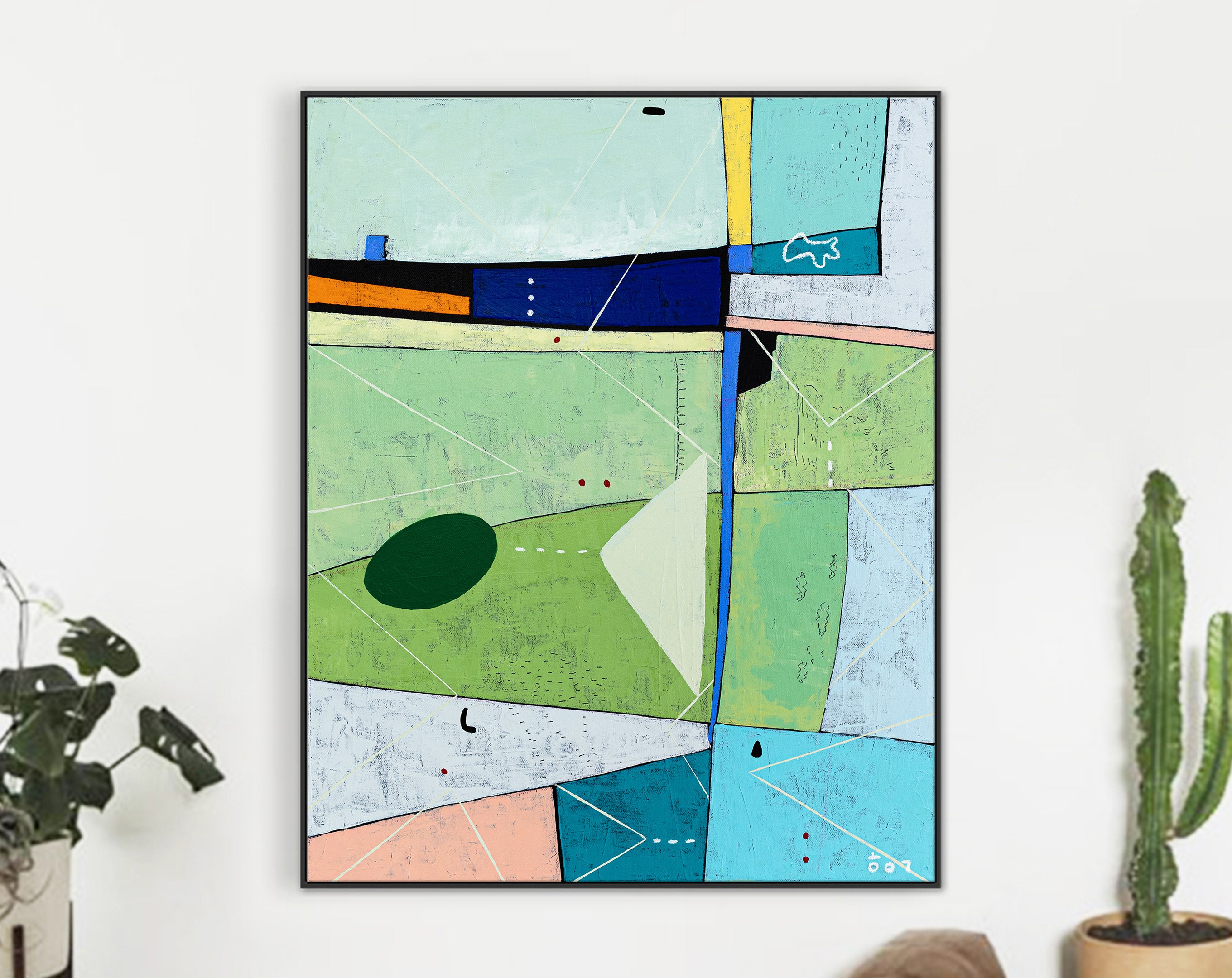 Geometric Abstract Painting in Olive and Green, Original Modern Canvas Wall Art for Living Room ｜ Sono II
