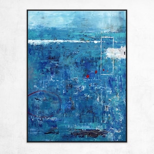 Blue Original Abstract Acrylic Painting in Rough Brush Strokes, Large Modern Canvas Wall Art Red dot transported image 2