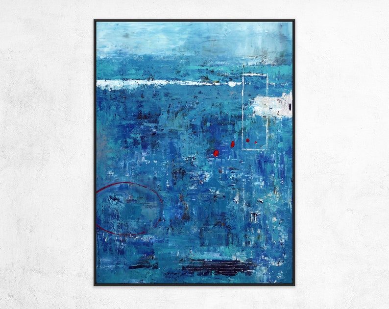 Blue Original Abstract Acrylic Painting in Rough Brush Strokes, Large Modern Canvas Wall Art Red dot transported image 2