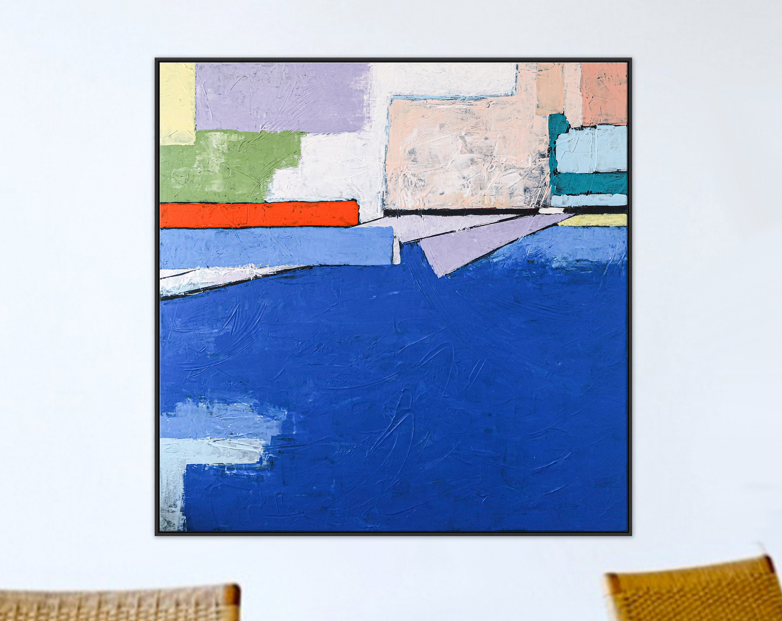 Refreshing Seascape in Minimalist Painting, Modern Abstract Original Painting, Blue Color Large Canvas Wall Art ｜ There