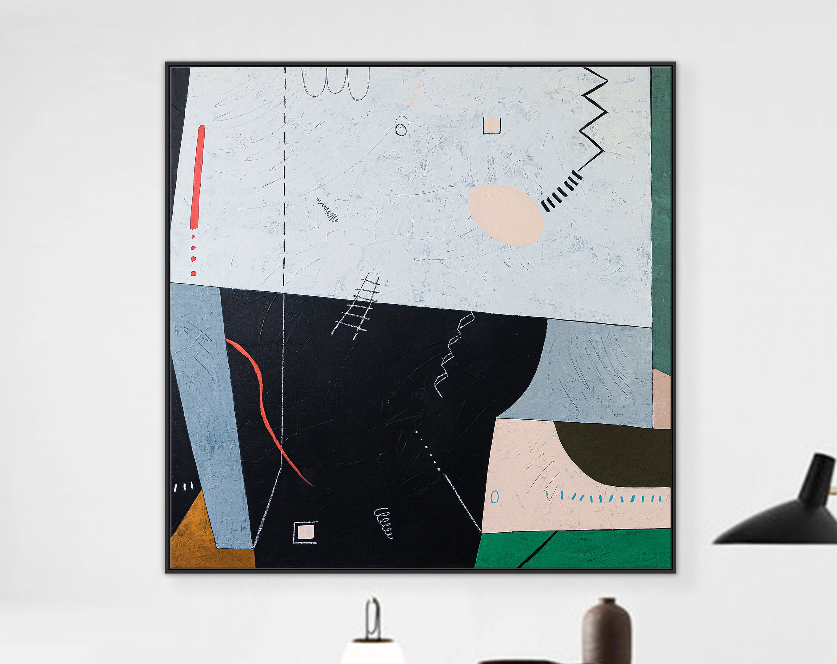 Geometric Large Abstract Original Acrylic Painting, Contemporary Modern Canvas Art with Enchanting Fairy Tale Elements ｜ Albeit