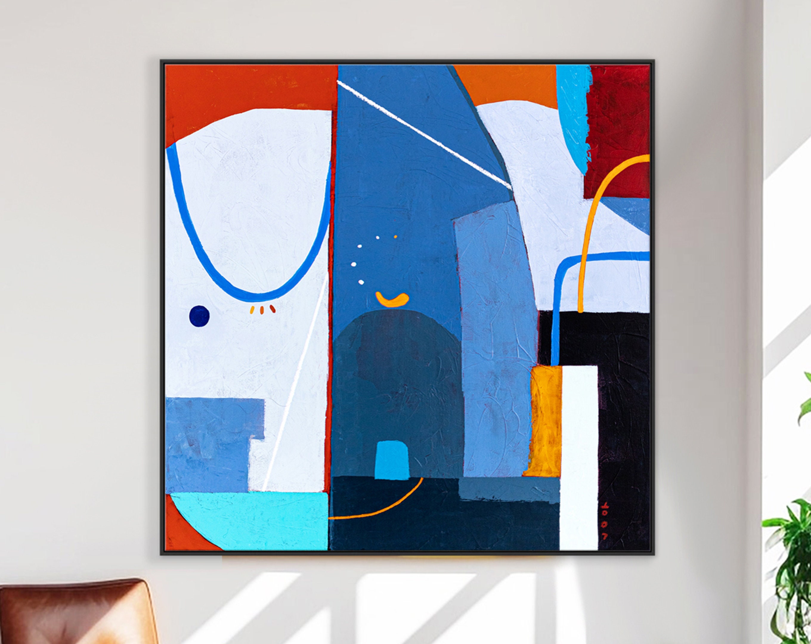 Blue and Red Abstract Painting, Playful Large Original Acrylic Painting, Colorful Modern Canvas Wall Art ｜ Hadanka