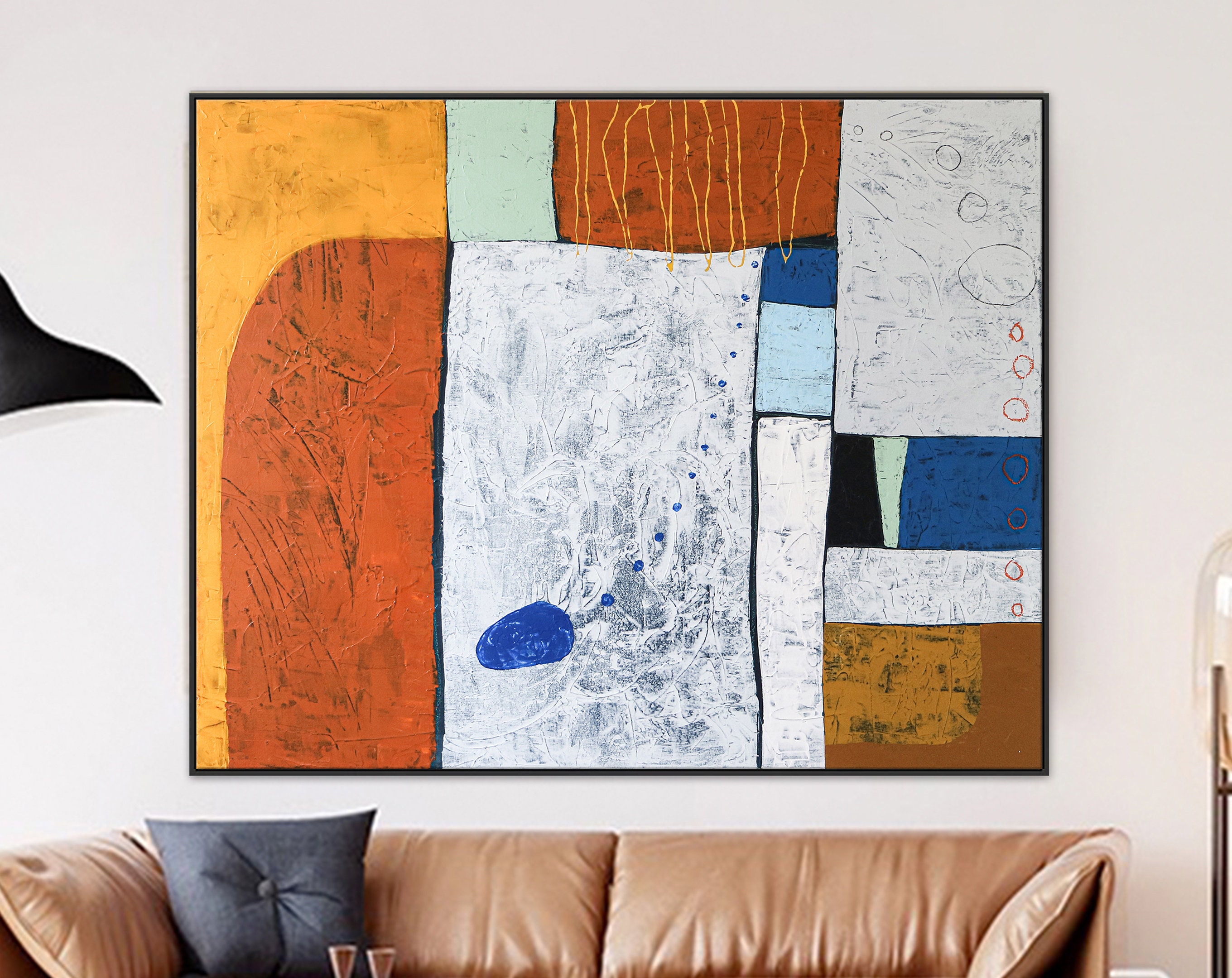 Bright and Cheerful Modern Abstract Original Acrylic Painting, Large Canvas Wall Art Reflecting Mid-Century Sensibility ｜ My blue