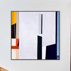 Arte abstracto para pared — Pintura al óleo original minimalista en blanco y azul marino, sobre lienzo texturizado — "Komp"