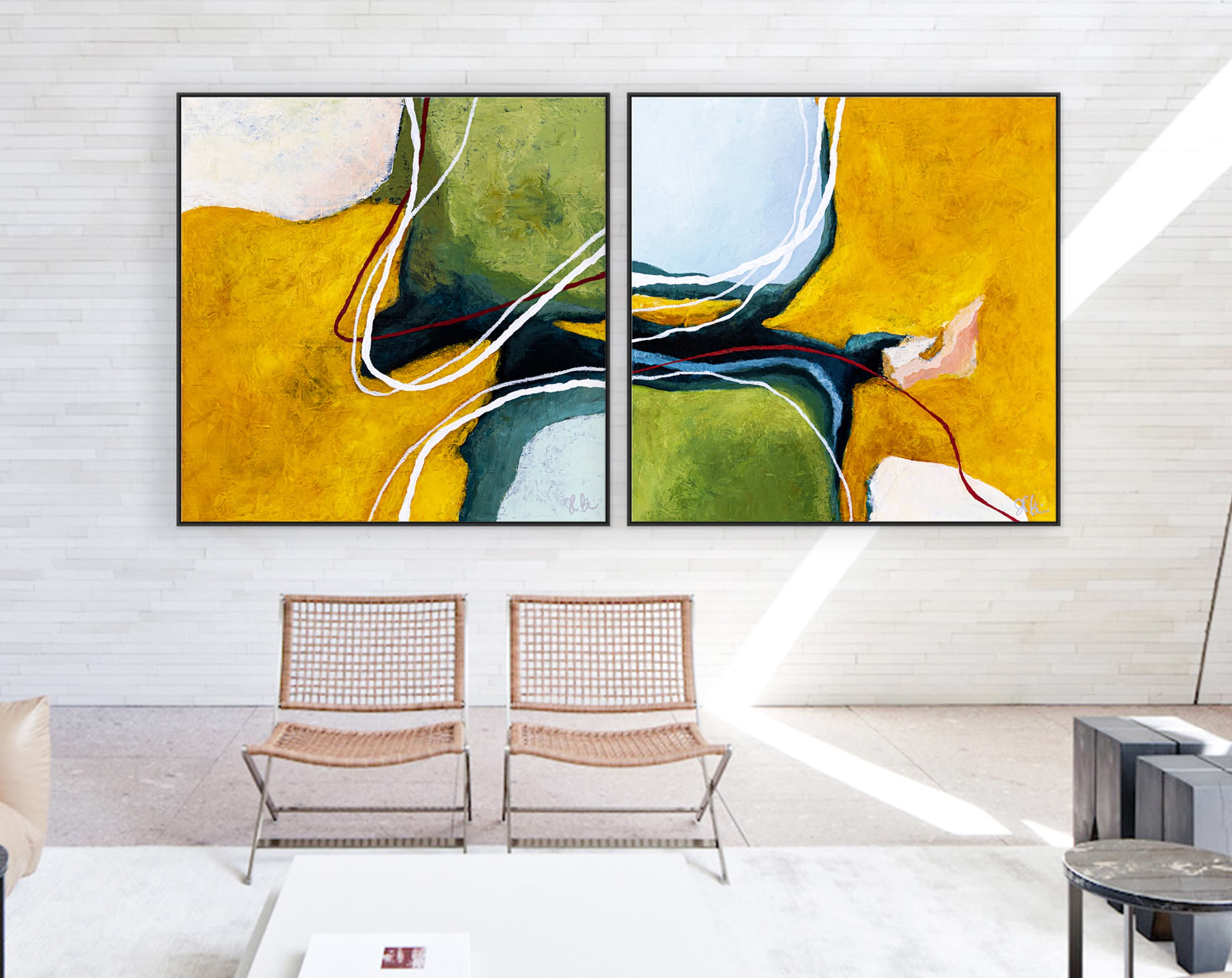 2 Set of Original Abstract Colorful Painting, Modern Yellow and Green Hues Canvas Wall Art ｜ Kalliroi (2 Set)
