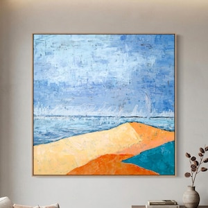Serene Blue Abstract Wall Art — Large Original Oil Painting, Textured Canvas — "Beach"