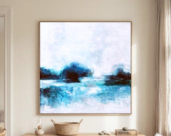 Serene Blue Moody Abstract Wall Art — Large Original Oil Painting, Textured Canvas — "A Lake (Square)"