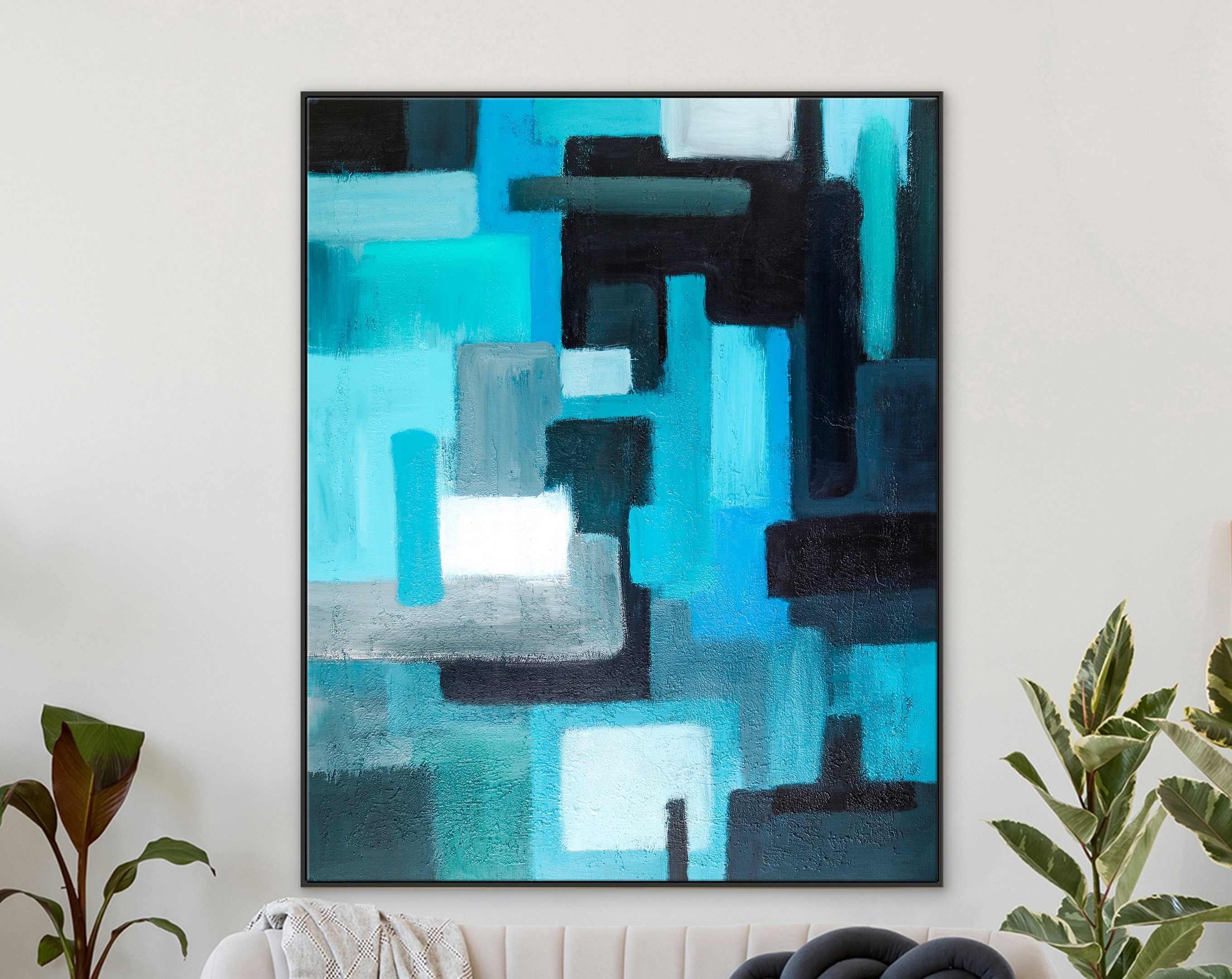 Geometric Original Abstract Painting in Acrylic, Large Modern Canvas Wall Art of Overlapping Turquoise and Black Shapes ｜ Assembled
