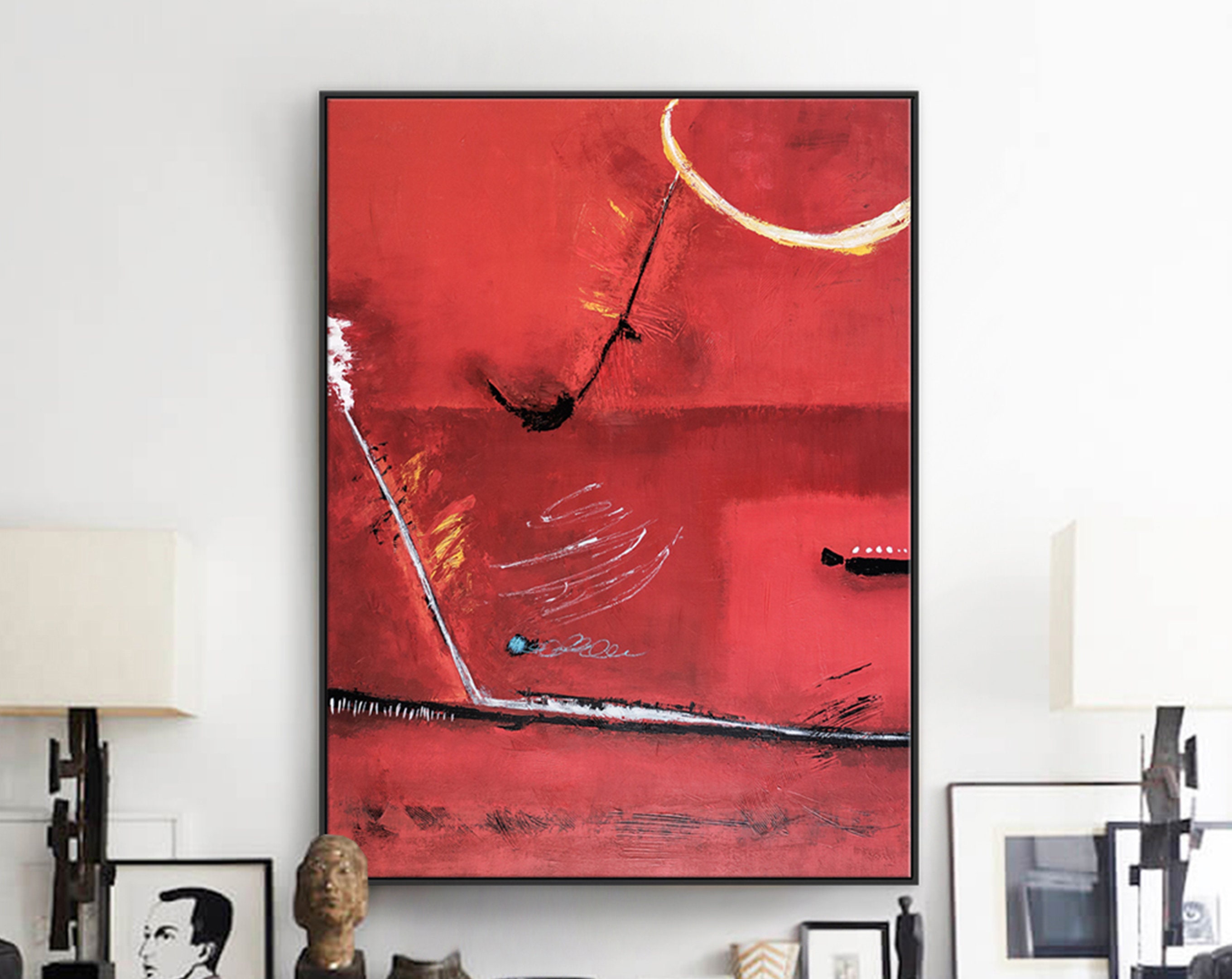 Red Minimalist Abstract Original Painting in Acrylic, Large Modern Canvas Wall Art with Narrating a Surreal Space Story ｜ A Tale
