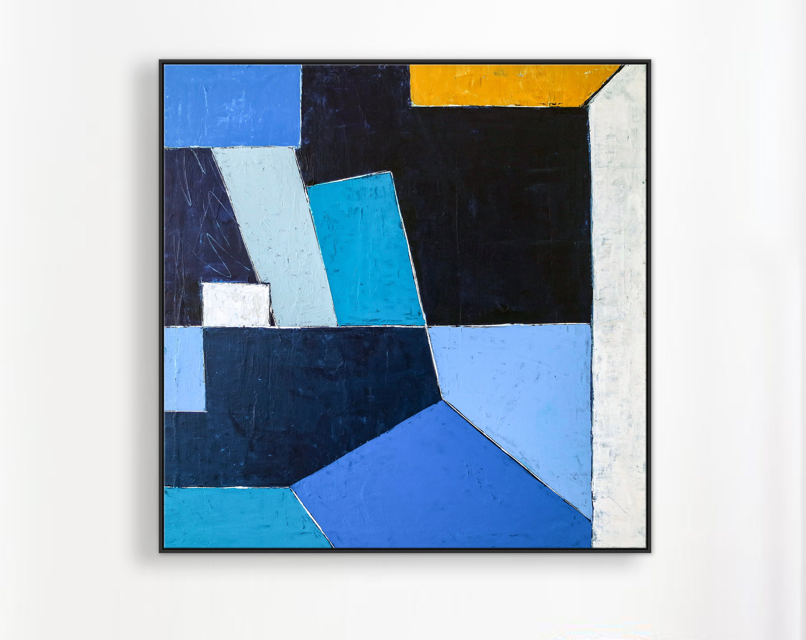 Geometric Blue Original Abstract Painting in Acrylic, Modern Canvas Wall Art of Dynamic Interplay ｜ Geometry II