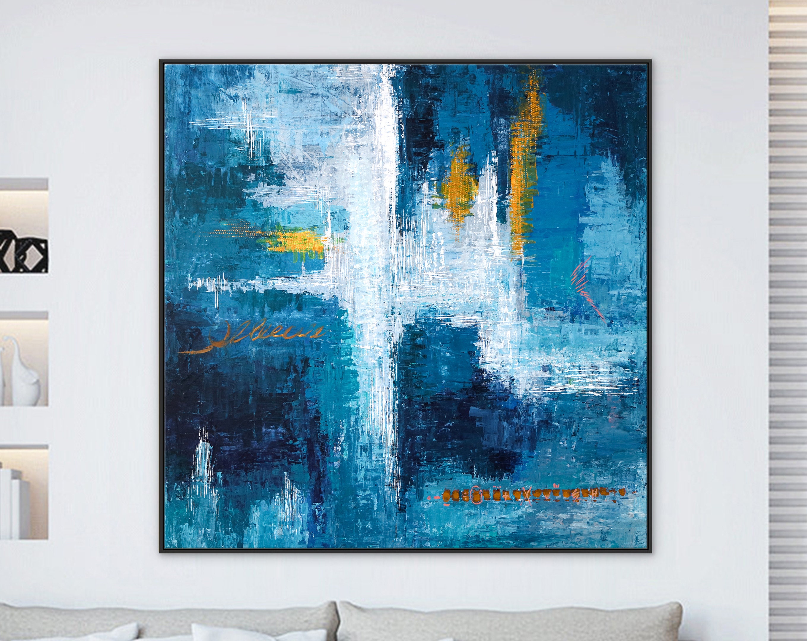 Original Abstract Acrylic Painting, Large Modern Canvas Art Brought to Life in Blue Expressionism ｜ Measurement