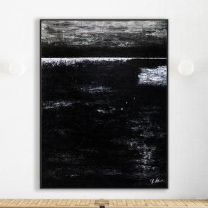 Espressionismo moderno dipinto originale astratto, grande tela in bianco e nero arte in minimalismo monocromatico / nero astratto II