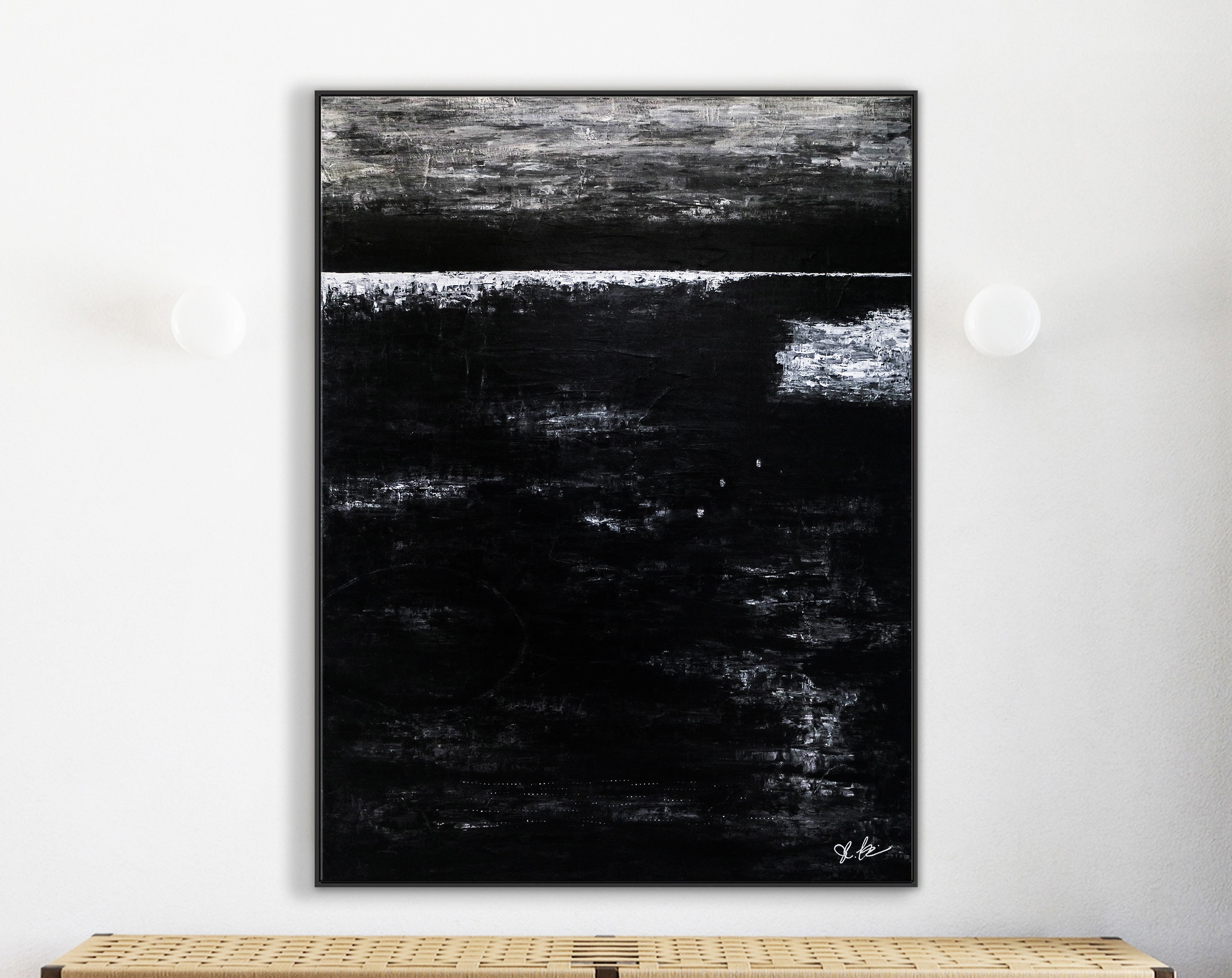 Modern Expressionism Abstract Original Painting, Large Black & White Canvas Art in Monochromatic Minimalism ｜ Black Abstract II