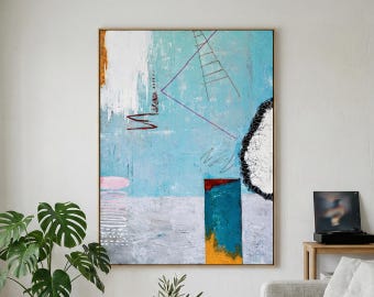 Grote humeurige blauwe abstracte muurkunst — origineel olieverfschilderij, getextureerd canvas — 'Tale III'