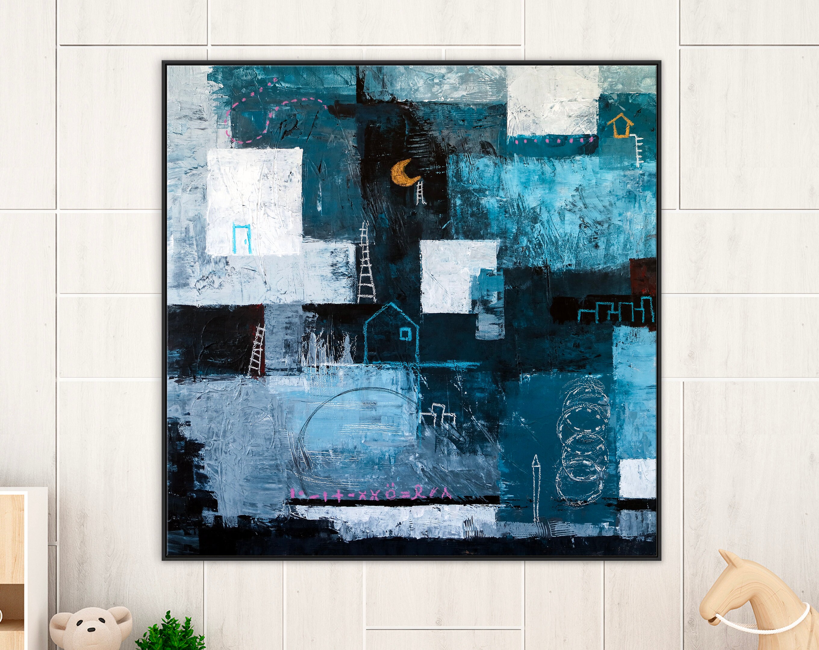 Original Abstract Painting in Acrylic, Evocative Large Modern Canvas Wall Art of Nostalgic Nightscapes ｜ Night Town