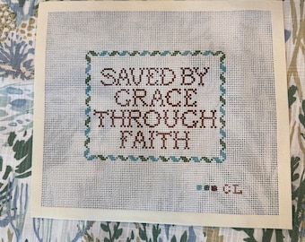 Needlepoint Canvas | Ephesians 2 Saved by Grace (approx 5x7 inch) 14 mesh