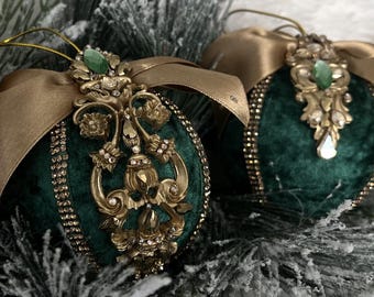 Handmade Green Velvet Christmas Ornaments: Rhinestone Design, Set of 3