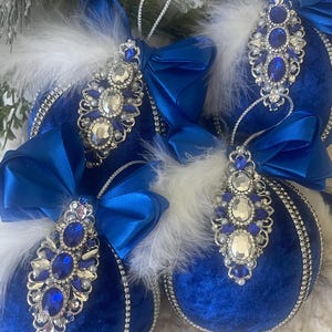 Luxury Christmas Ornaments / Handmade Xmas Decorations / Blue Velvet Christmas Tree Balls