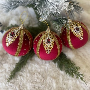 Handmade Christmas Red Ornaments Balls / Velvet Ornaments Balls / Luxurious Ornaments / Christmas Decoration Set / Christmas Tree Toys Red