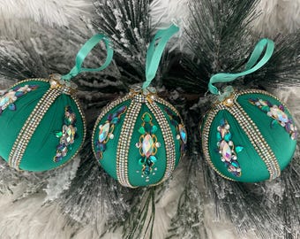 Handmade Velvet Christmas Ornament: Green Rhinestone Ball