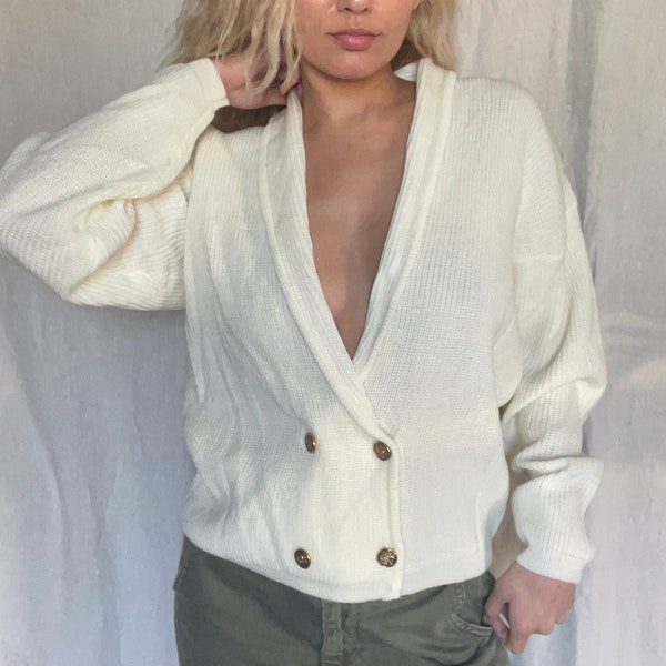 80s Vintage Double Breasted Cream Knit Cardigan