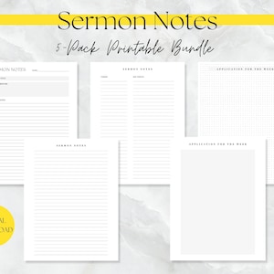 Puede incluir: Un paquete de cinco plantillas de notas de sermón imprimibles. Las plantillas incluyen papel rayado para notas de sermón, una página cuadriculada para aplicaciones de la semana y una página en blanco para notas adicionales.