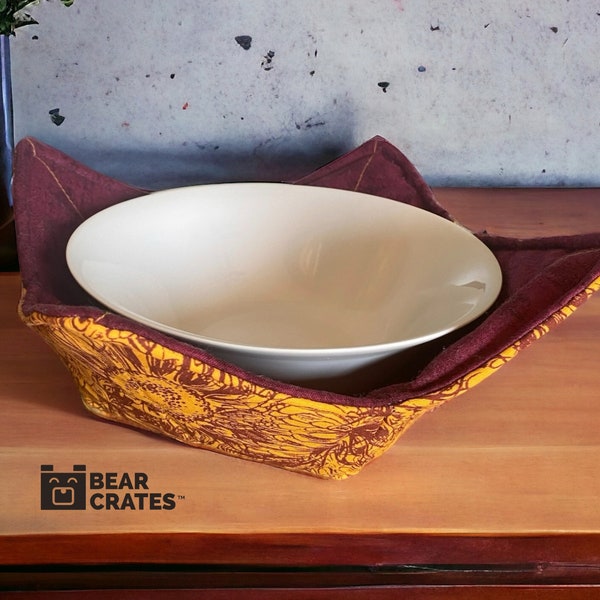 Microwave Bowl Cozy, 100% Cotton, Premium Fabric, Dorm Essential for College Students, Maroon & Gold Sunflower Fabric