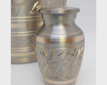Small Platinum Mini Size Cremation Keepsake Urn for Ashes, Silver and Gold