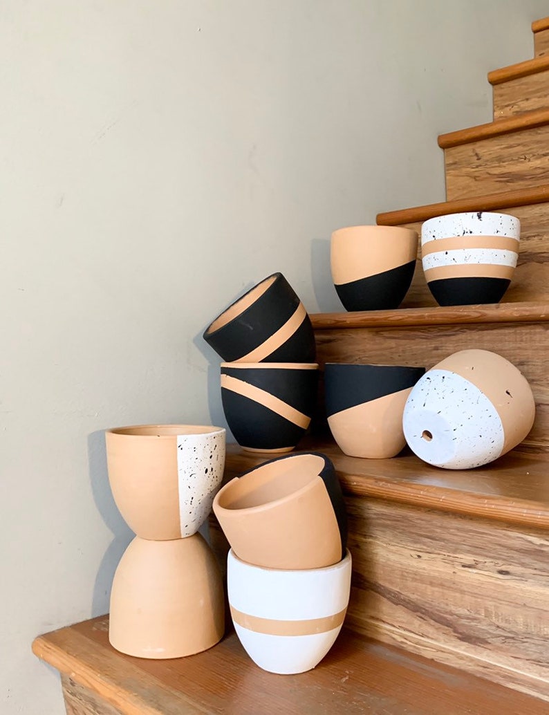 Hand painted dip black raw terra cotta stripe planter // Etsy