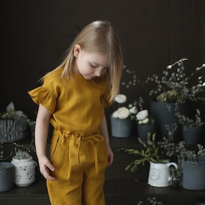Yellow Linen Kids Jumpsuit: Girls Romper with Tie Belt