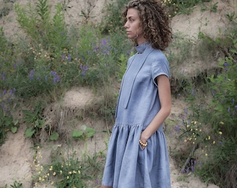 Blue linen dress Loose linen dress Linen midi dress Boho maternity dress Flax clothing Sleeveless linen dress Pregnancy dress Linen tunic