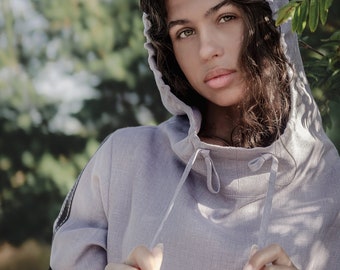 Oversized Linen Hoodie: Women's Summer Pullover, Trendy Hooded Top