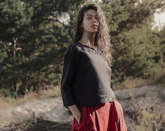 Falda midi de lino rojo: falda cruzada plisada estilo bohemio