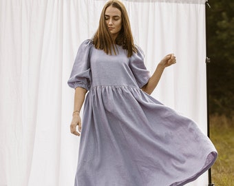 Maternity linen dress Loose linen dress for woman  Linen midi dress Flax clothing Boho linen dress Dress with puff sleeves Formal outfit