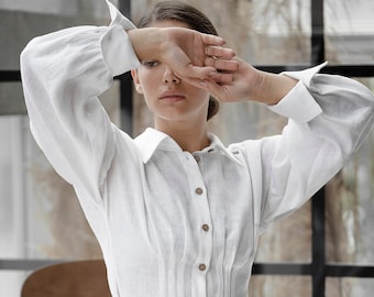 Blusa de lino hecha a mano: blusa de secretaria de manga larga