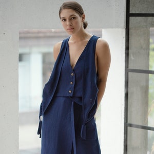 Marineblau Leinen Weste: Handgemachte geknöpft V-Neck, Plus Size