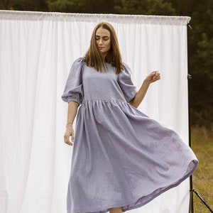Maternity linen dress Loose linen dress for woman  Linen midi dress Flax clothing Boho linen dress Dress with puff sleeves Formal outfit