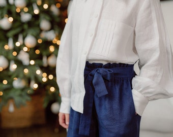 Loose fit pants for girls Kids blue linen trousers Wide leg pants Kids elastic waist linen pants Сomfortable pants for girls with pockets