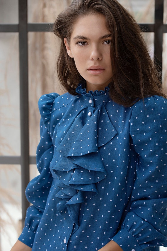 Sample Sale Size XS S Blue Dots Summer Linen Dress Jabot Collar Linen Midi Dress Casual Summer Dress Goddess Dress Blue Linen Dress Etsy Canada