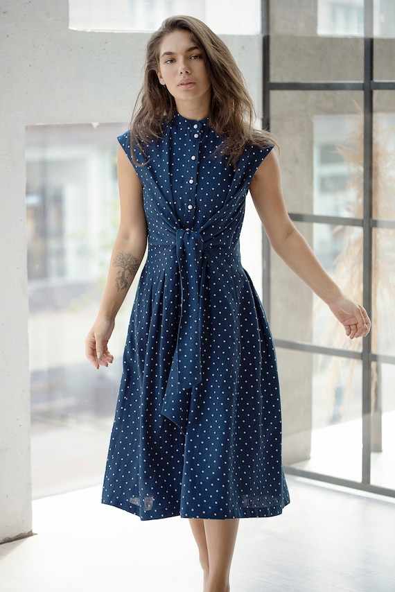 Linen Midi Dress Sleeveless Linen Dress Casual Summer Dress Linen Summer  Dress Linen Dress Pockets Belted Dress Polka Dot Dress Fairy Dress -   Canada