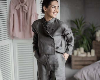 Grey loose linen pants Linen harem pants Wide leg linen pant Boho maxi pants Women pants with pockets Pants with belt Office outfit