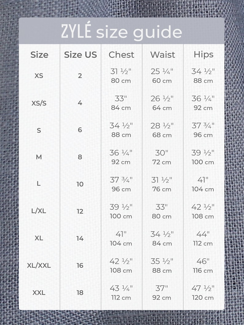 May include: Size chart for women's clothing with measurements in inches and centimetres. The chart shows sizes XS to XXL, with corresponding US sizes, chest, waist, and hip measurements.