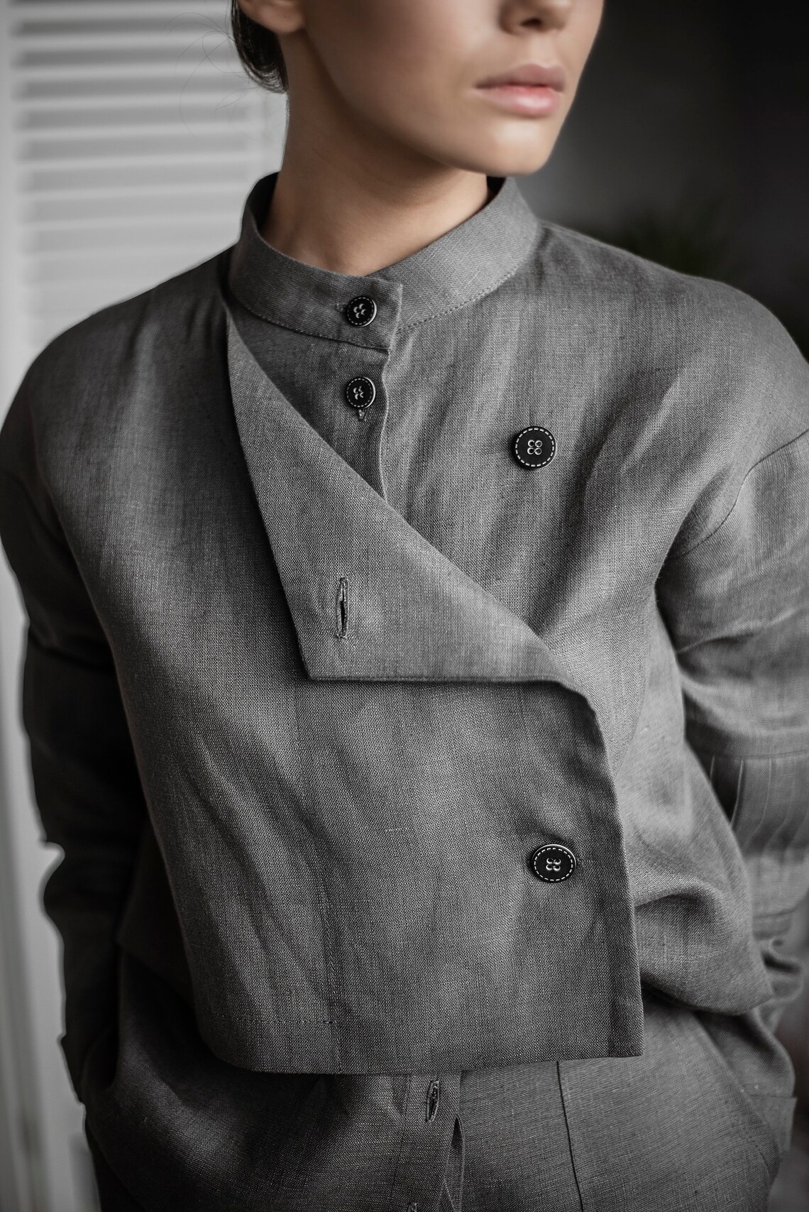 Grey linen jacket for women Oversized linen shirt Plus size Etsy