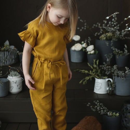 Linen Kids Jumpsuit for Girls Yellow Linen - Etsy