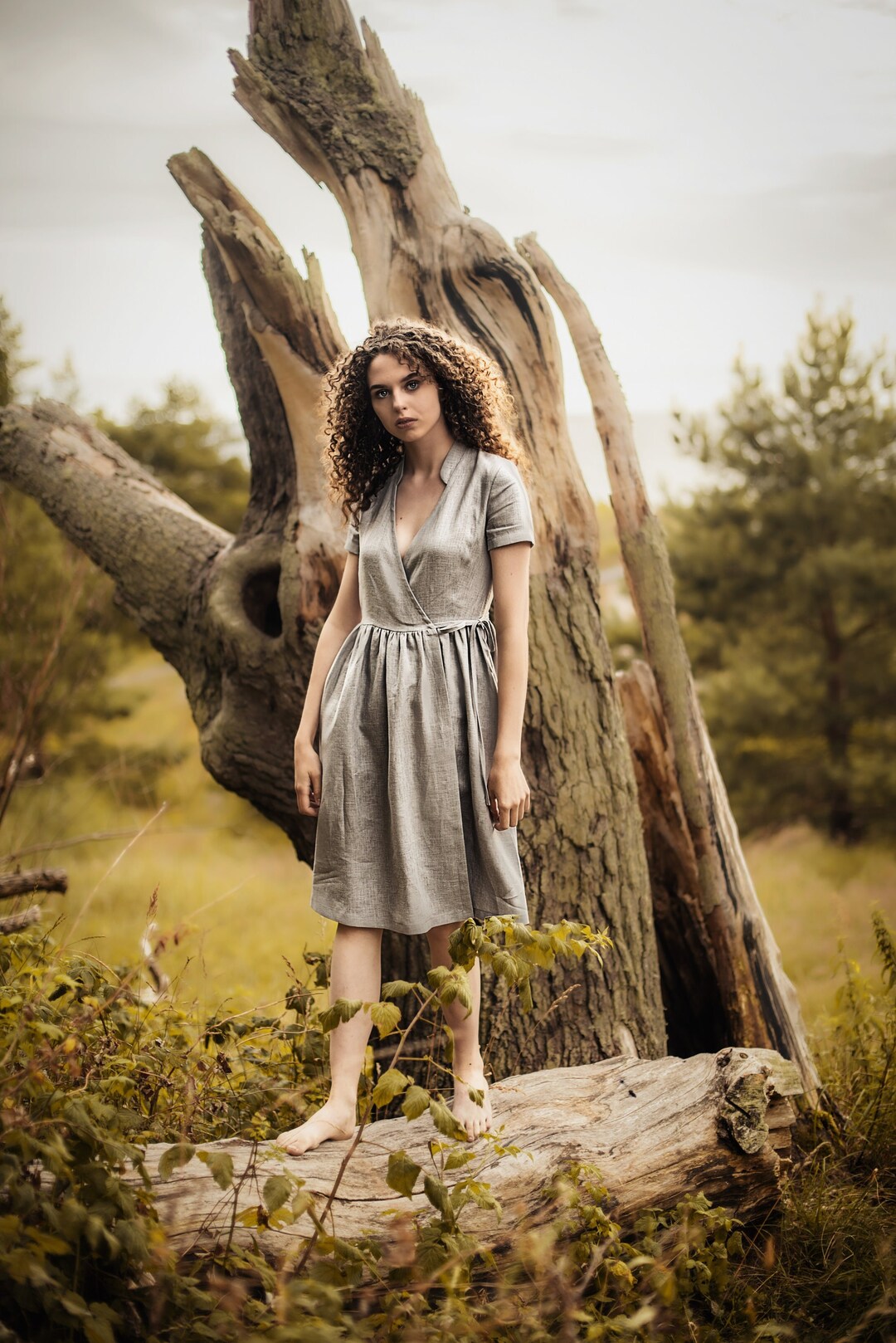 Linen Wrap Dress Comfortable Linen Dress Elegant Grey Linen Dress for