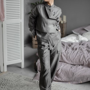 Grey Linen Harem Pants: Bohemian Palazzo Trousers with Pockets