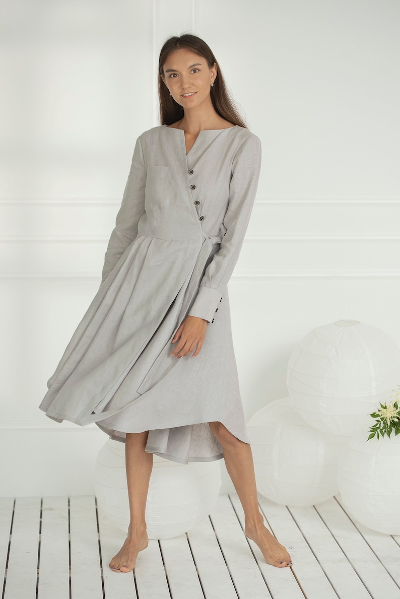 Linen wrap dress Slim fit dress Formal dress Linen midi dress Modest wedding dress Maternity clothing Wedding guest dress Boho linen dress image 1